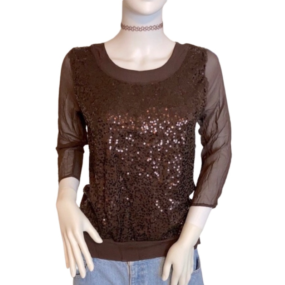 Sequined Brown 3 Quarter Length Shirt with Sheer Sleeves